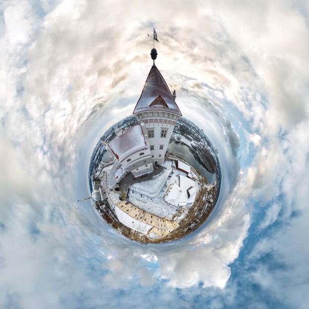 Little planet and spherical aerial 360 panorama view on street ancient medieval castle with church and historic buildings with columns