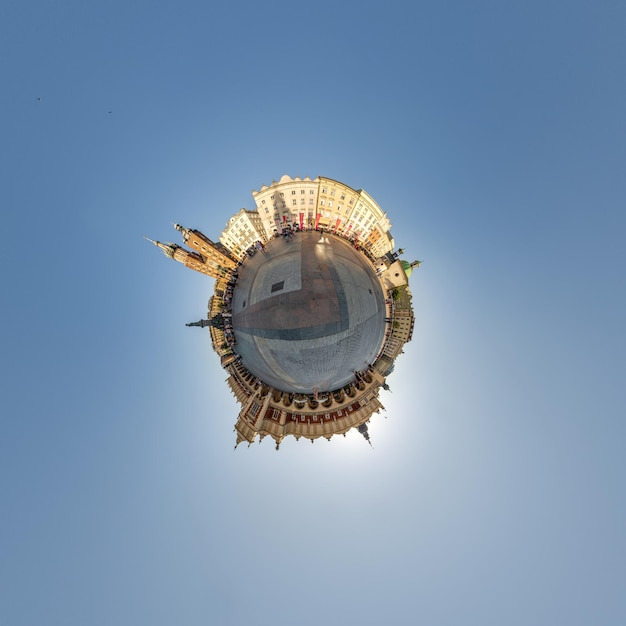 Little planet and spherical aerial 360 panorama view on street ancient medieval city with church and historic buildings