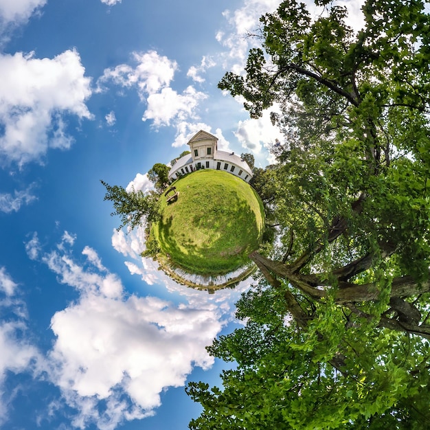 Little planet transformation of spherical panorama 360 degrees Spherical abstract aerial view in field with awesome beautiful clouds Curvature of space