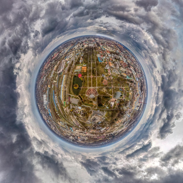 Little planet with a park in the middle of the city