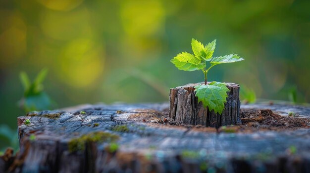 Photo little plant emerging from old tree stump blurred background