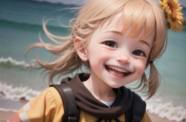 Little positive girl on background of ocean sea Portrait of happy kid with smile on face Generative AI