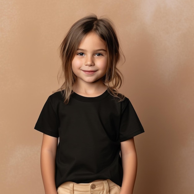 Little pretty girl smiling model posing at camera in bright studio