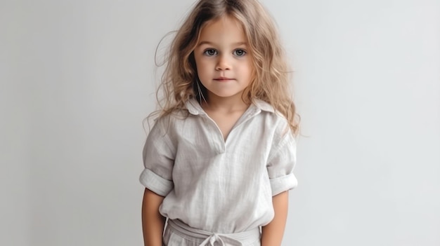 Little pretty girl smiling model posing at camera in bright studio