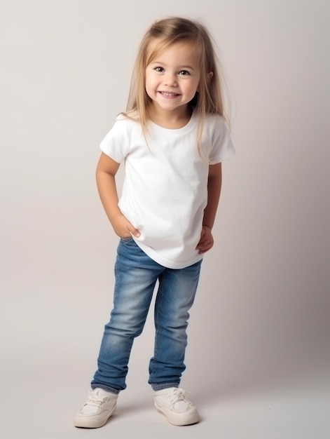 Little pretty girl smiling model posing at camera in bright studio