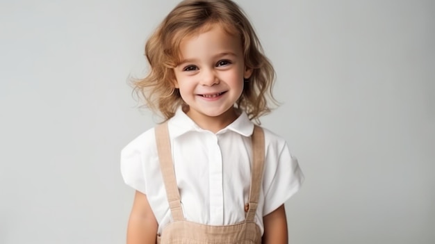 Little pretty girl smiling model posing at camera in bright studio