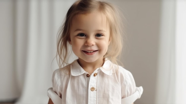 Little pretty girl smiling model posing at camera in bright studio