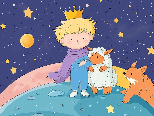 Photo the little prince taking a walk on his planet with the fox and forgot about the rose