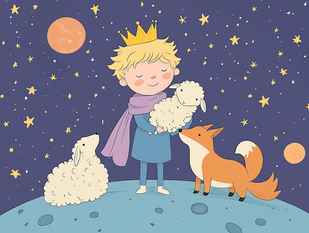 Photo the little prince taking a walk on his planet with the fox and forgot about the rose