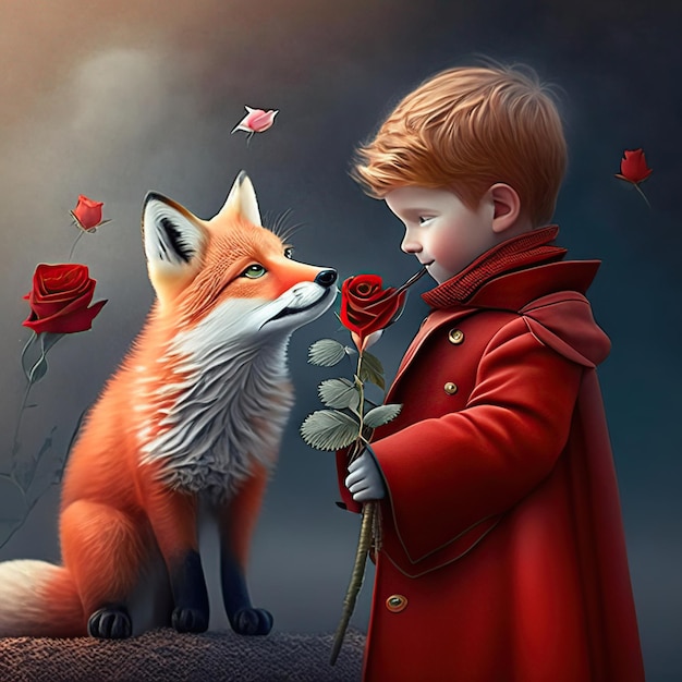 The Little Prince with the fox and the red rose