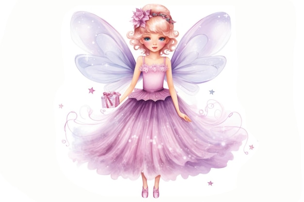 Little princess girl Beautiful Angel Watercolor Illustration of magical fairy with wings in pink purple dress with gifts on white background For children book postcards kid decor scrapbooking