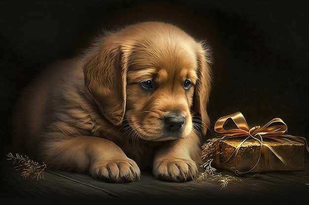 A little puppy in a Christmas hat didn't get a Christmas present Cute pets sad look brown background wool rich colors high resolution art generative artificial intelligence