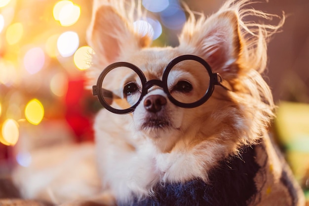 Little puppy lapdog chihuahua dog wear glasses sit relax casual lying on sofa with christmas tree decorating at backgroundanimal celebrating christmas and new year festive concept