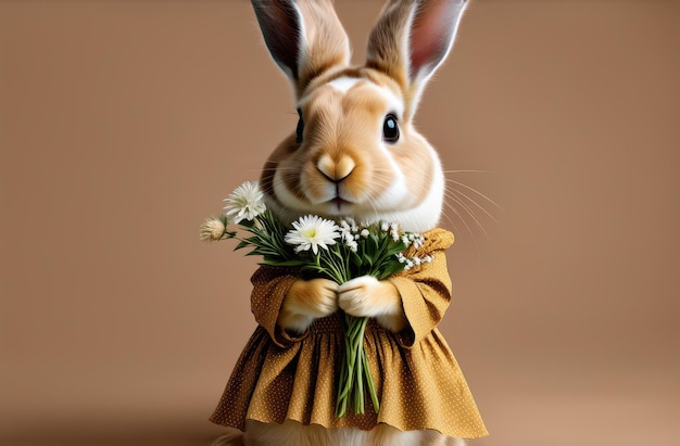 Little rabbit with bouquet of flowers in its paws