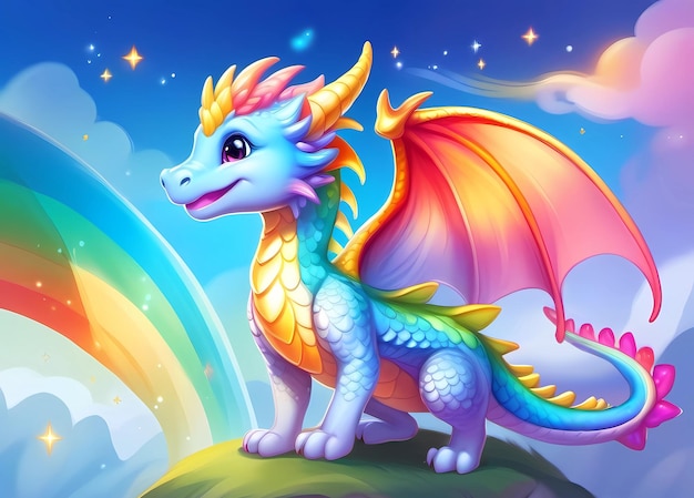 A little rainbow dragon with beautiful wings and horns is happy and smiling clouds and a rainbow