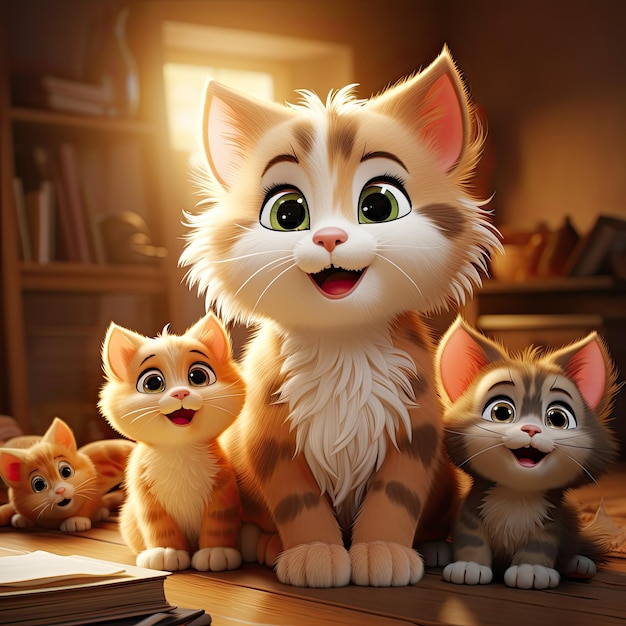 Little red Pixar style cartoon kitten Cat family Generative ai