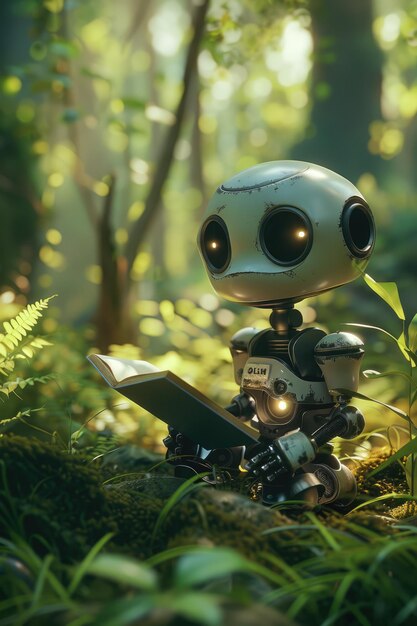 Photo a little robot reading in the forest