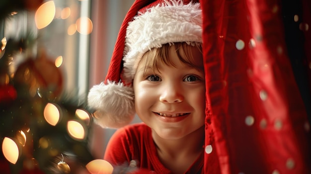 Little Santa Peeking From Behind Red Curtain