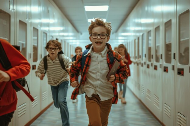 Little school children running in the corridor of their modern white high school with lockers They have backpacks and books on them