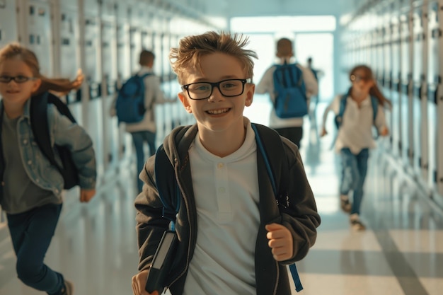 Little school children running in the corridor of their modern white high school with lockers They have backpacks and books on them