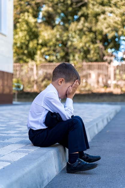 A little schoolboy is crying at school