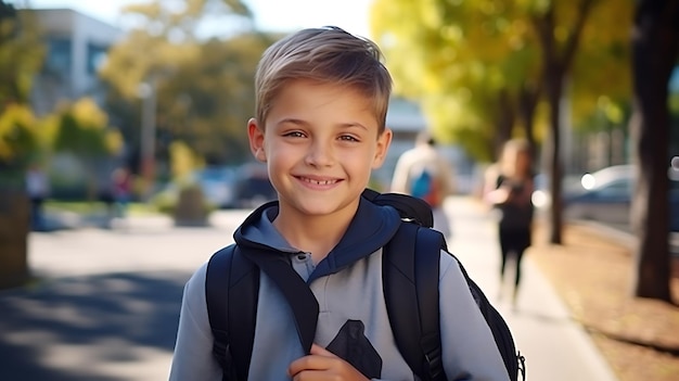 Little schoolboy stands outside the school with a backpack on his back Back to school Created with Generative AI technology