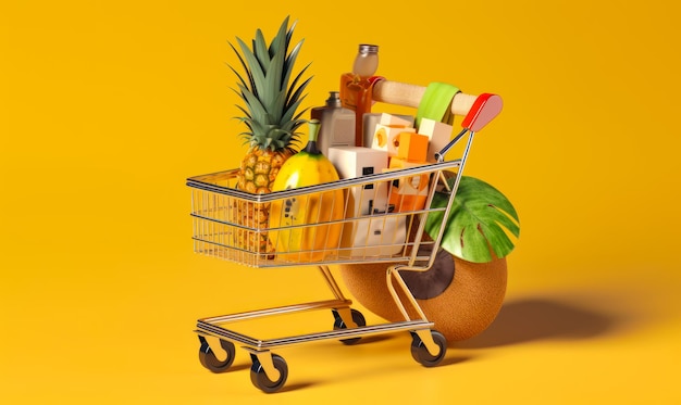 Little shopping cart with fruit and some boxes inside Big melon is behind the trolley Yellow backdrop Generative AI