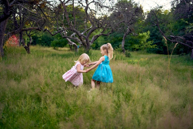 Photo little sisters in dresses playing together in the tall grass