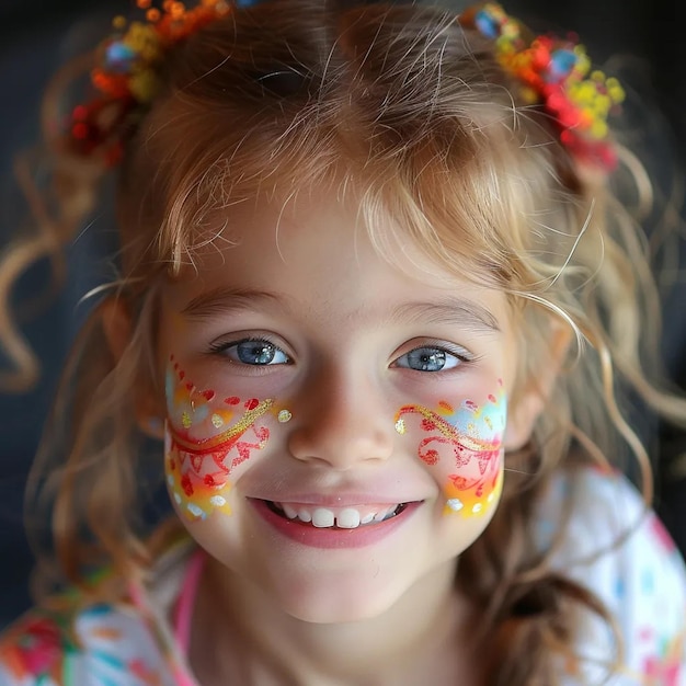 Little slavic girl with blond hair with a wide smile with a gap in her teeth with face painting v