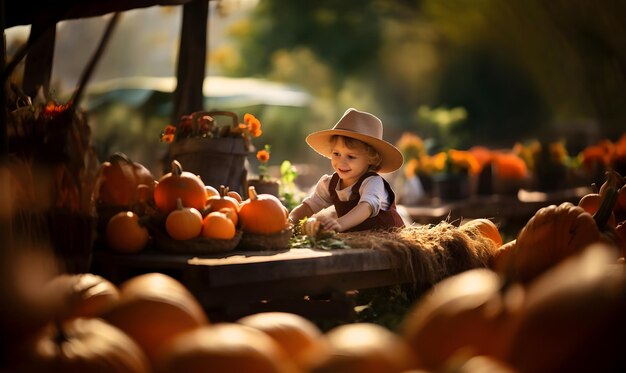 little smiing boy is helping and picking pumpkins at the farm village cottagecore Thanksgiving Day n