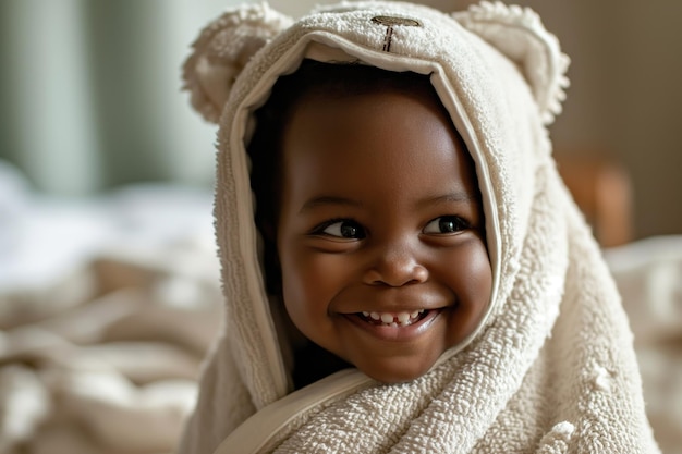 Little smiling african american toddler kid in cute bear towel closeup portrait after taking bath