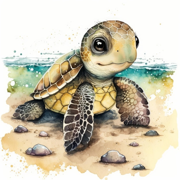 Little smiling Baby sea Turtle Clip Art on white background generative AI