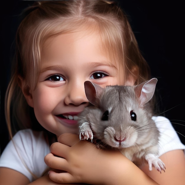 Little smiling girl holding a hamster