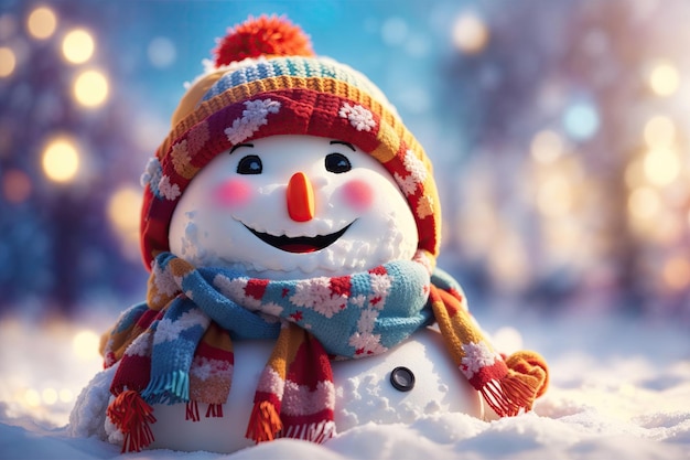 Little snowman in a cap and a scarf on snow in the winter Christmas card with a lovely snowman copy space