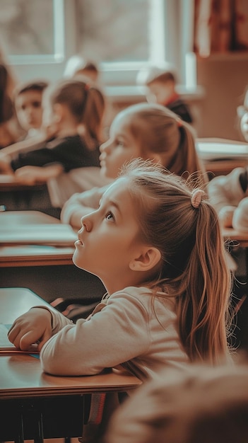 little student girl studying at school cute little