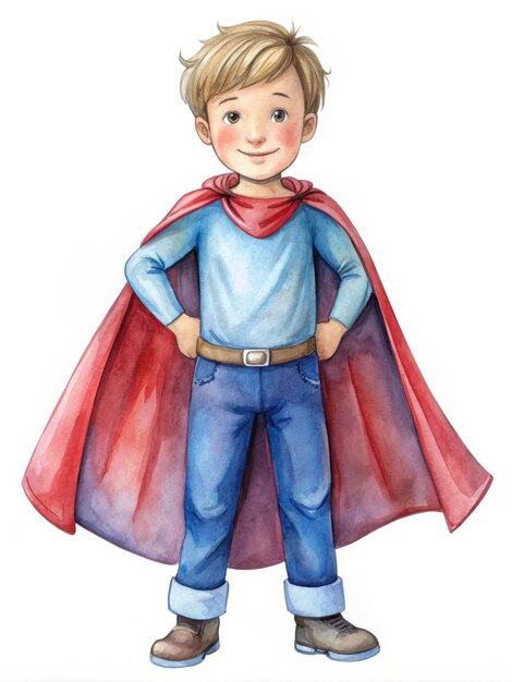 Photo little superhero boy in red cape watercolor illustration a young boy with blond hair dressed