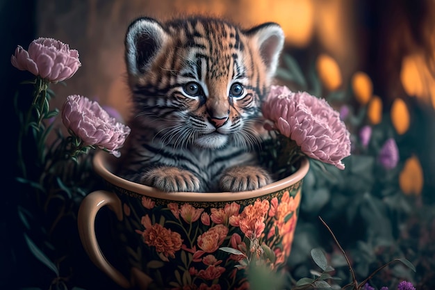 Little tiger cub in a cup on a background of flowers Generative AI