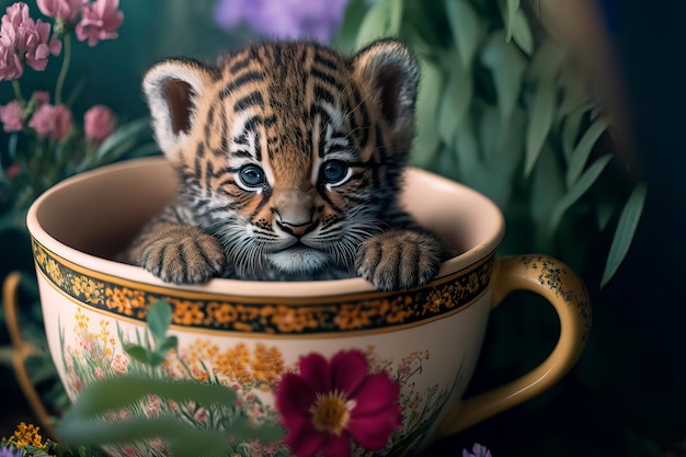 Little tiger cub in a cup on a background of flowers Generative AI