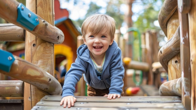 Little toddler boy kid having fun at a wooden playground outdoor