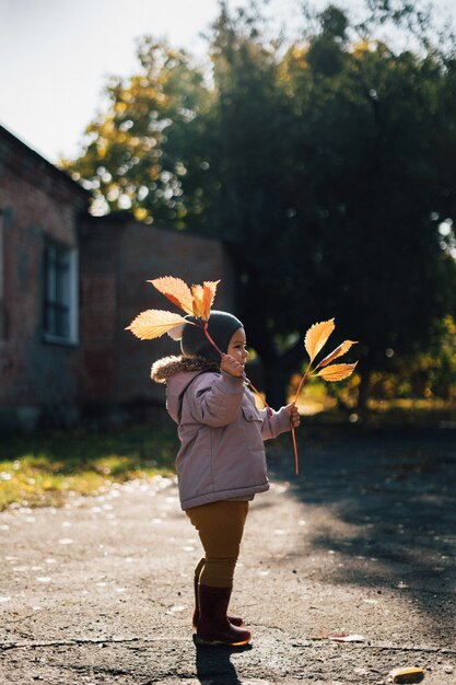 Little toddler girl in autumn park with yellow leaves