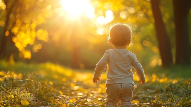 Little Toddler Walking Towards The Sunset In The Forest