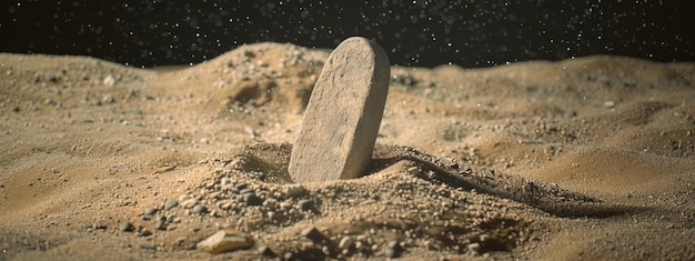 Photo little tombstone grave on sand with stars glowing