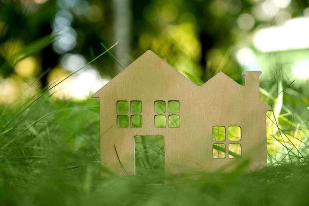 Little toy model house in large grass meadow field