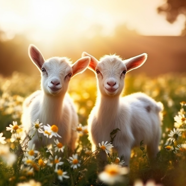 Little two baby goats field playing image Generative AI