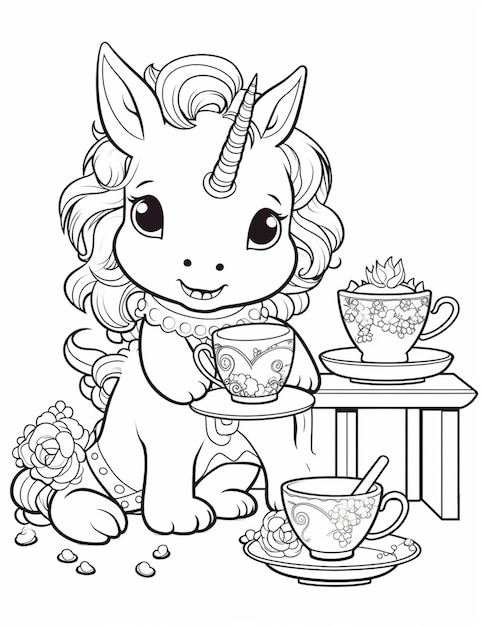 A little unicorn is drinking tea and eating a cup of tea generative ai