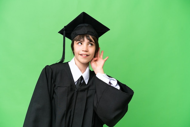 Little university girl over isolated background listening to something by putting hand on the ear