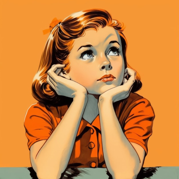 Little white girl in thinking and doubts vintage illustration