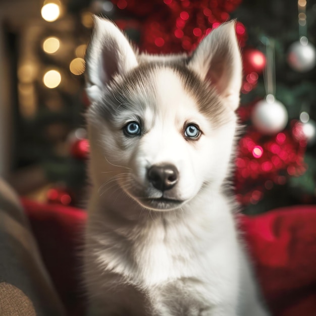 A little white husky dog wearing a red Santa hat sits in front of a Christmas tree Generative AI