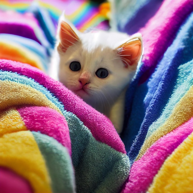 Photo little white kitten hidden between clothes