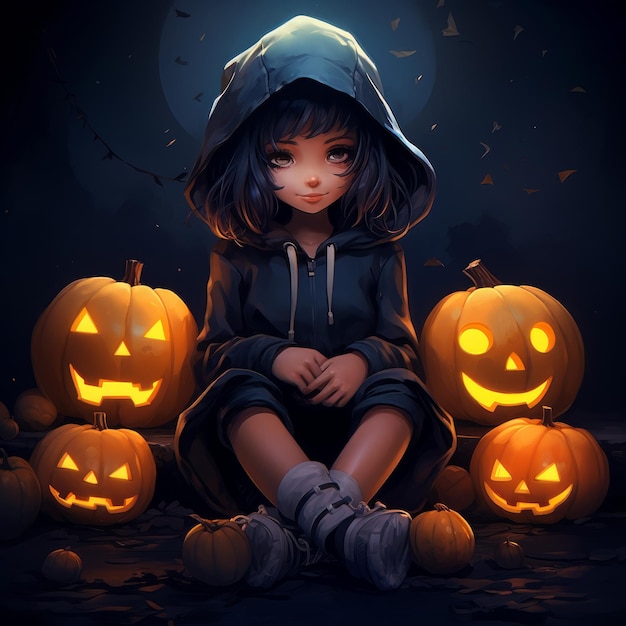 A little witch with a pumpkin